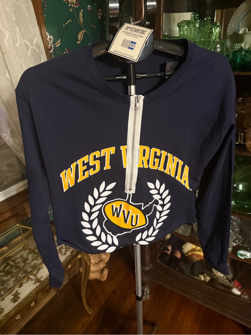 PINK Collegiate West Virginia WVU Navy Half-Zip Pullover Crop